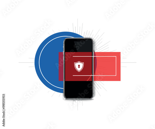 smartphone with shield lock icon as main subject, black and white realistic phone with high contrast, bold blue and red geometric circles and rectangles