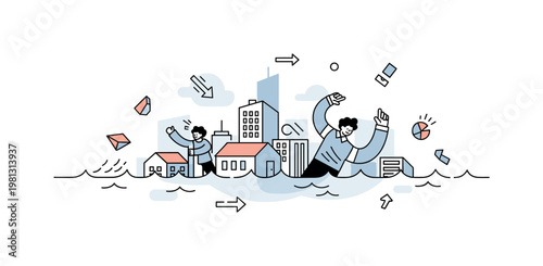 Flooded cities. A simplified cityscape is partially submerged in water, with rooftops and windows visible above the surface. Gentle wave lines and floating