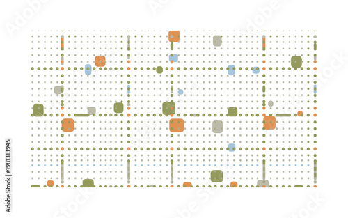 Geometric dot grid with playful variation, seamless pattern, repeating pattern, surface design, textile print, soft color palette, modern illustration, no