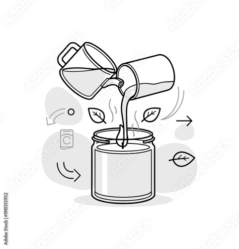 Candle making with eco-friendly wax. A single handmade candle sits in a simple jar while warm liquid wax is being gently poured inside. Small leaf icons and