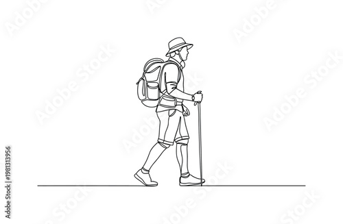 "Lightweight Adventure Outfit". Minimalistic one-line drawing traveler walking with compact attire and multifunctional gear, continuous single black line on
