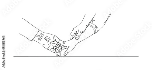 "Supportive Care". Minimalistic one-line drawing hand gently guiding elderly or disabled family member across floor, continuous single black line on white