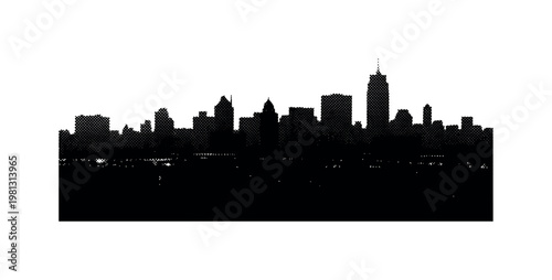 A dark city skyline silhouette with sharp rooftops against a night sky, centered and slightly cropped, minimal composition, black and white halftone