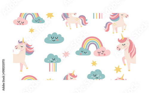 Cute unicorns and rainbows, seamless pattern, repeating pattern, surface design, textile print, soft color palette, modern illustration, no shadows, flat