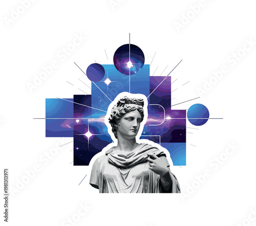 classical marble statue in front of glowing cosmic background as main subject, black and white realistic textures of statue with luminous stars and nebulae,