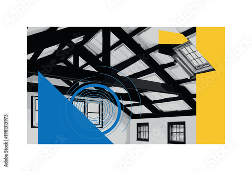 attic interior with exposed beams and insulation panels arranged, black and white architectural elements, bold blue and yellow geometric blocks structuring