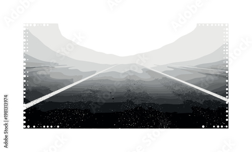 A wet pavement surface stretching into fog with faint perspective lines, tightly framed and abstract, monochrome halftone illustration, visible print dots,