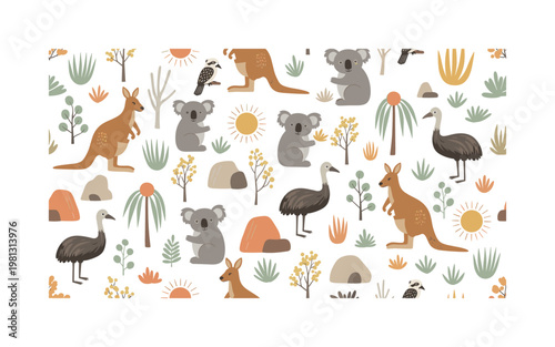 Outback elements with animals and plants, seamless pattern, repeating pattern, surface design, textile print, soft color palette, modern illustration, no