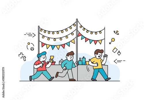 Festival decoration scene. A simple market space is enhanced with string lights, banners, and bright accents, creating a cheerful setting. Small motion lines