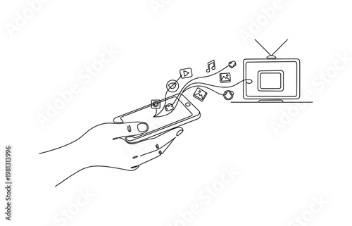 "Digital Casting". Minimalistic one-line drawing hand holding phone with content icons flowing toward TV, continuous single black line on white background,