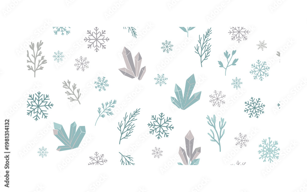 Fototapeta premium Winter snowflakes and frost, seamless pattern, repeating pattern, surface design, textile print, soft color palette, modern illustration, no shadows, flat