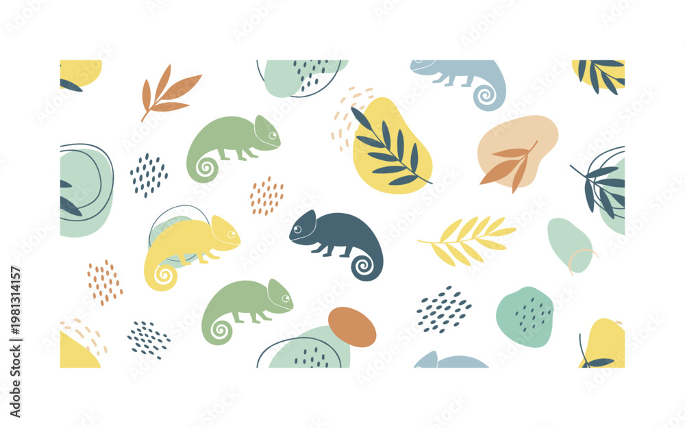 Fototapeta premium Minimal chameleon silhouettes with abstract shapes, seamless pattern, repeating pattern, surface design, textile print, soft color palette, modern