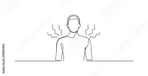 "Body Heat Regulation". Minimalistic one-line drawing human silhouette with heat waves radiating from core, continuous single black line on white background,