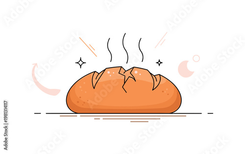 Fresh bread moment. A baked loaf is shown with a cracked crust and gentle steam rising, placed on a minimal wooden surface. Small sparkles and lines emphasize