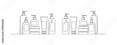 "Toiletry Arrangement". Minimalistic one-line drawing organized rows of bathroom products with simple symmetry, continuous single black line on white