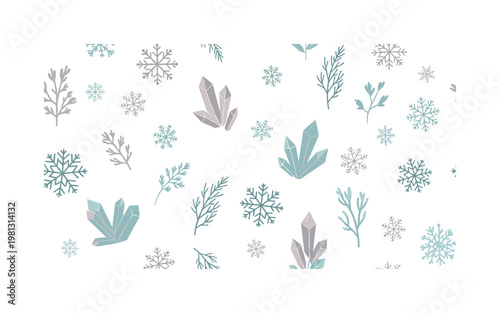 Winter snowflakes and frost, seamless pattern, repeating pattern, surface design, textile print, soft color palette, modern illustration, no shadows, flat