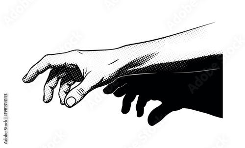 A human hand mid-withdrawal with shadow trailing behind, symbolic gesture, monochrome halftone illustration, visible print dots, editorial graphic style,