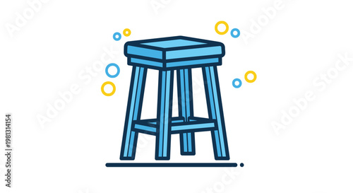 A simplistic cartoon illustration of a light blue wooden stool with several small colorful circles