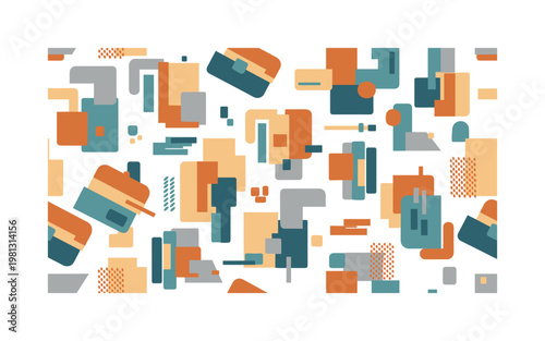 Abstract shapes with block composition, seamless pattern, repeating pattern, surface design, textile print, soft color palette, modern illustration, no