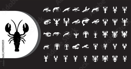 A collection of various lobster silhouettes on a black background