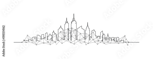 "Data-Driven City Planning". Minimalistic one-line drawing city skyline integrated with data points and connecting network lines, continuous single black line