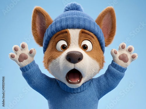 Cute puppy mascot with shocked expression close up on blue background