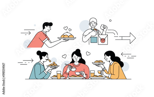 Social connection through food. A person serves food to another while others enjoy the meal, forming a balanced composition around the table. Subtle motion