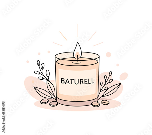 Natural candle design. A finished candle with a soft flame is decorated with minimal botanical elements like leaves and seeds around its base. Gentle glow