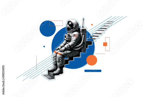 vintage astronaut sitting on floating stairs in space as main subject, black and white realistic spacesuit and stair textures, bold blue and orange geometric