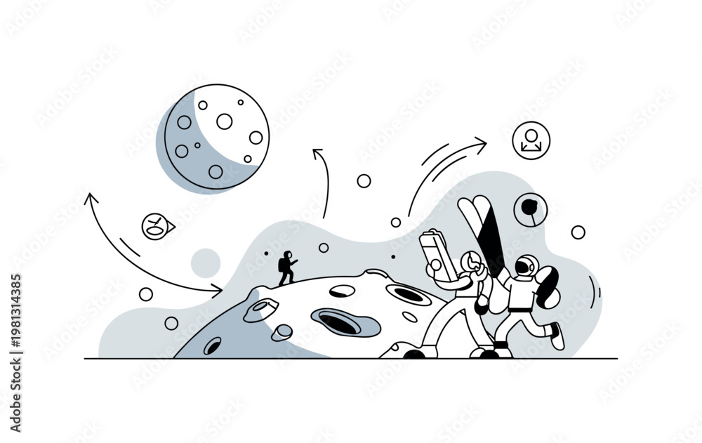 Obraz premium Futuristic planetary scene. A stylized exoplanet surface features unique shapes and a large celestial body overhead, with a small explorer silhouette. Gentle
