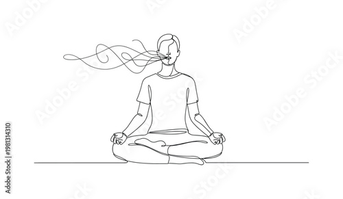 "Breathing Exercises". Minimalistic one-line drawing person sitting cross-legged with hands on knees and subtle flow lines representing breath, continuous