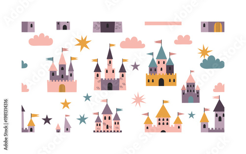 Fairy tale castles and stars, seamless pattern, repeating pattern, surface design, textile print, soft color palette, modern illustration, no shadows, flat