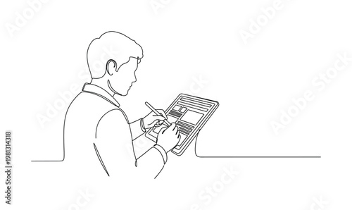 "Digital Lesson Creation". Minimalistic one-line drawing person designing content on tablet with stylus and structured layout, continuous single black line on