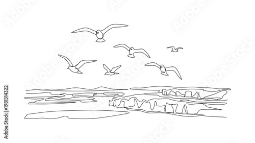 "Arctic Birds". Minimalistic one-line drawing flying seabirds above icy terrain with simple wing curves, continuous single black line on white background,