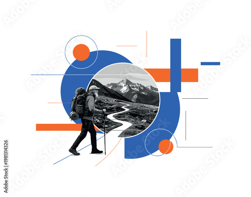 senior traveler hiking scenic mountain trail as main subject, black and white realistic figure with backpack and walking stick, bold blue and orange geometric