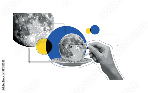 teacup holding a realistic moon as main subject, black and white textures of ceramic and lunar surface, bold blue and yellow geometric circles and rectangles