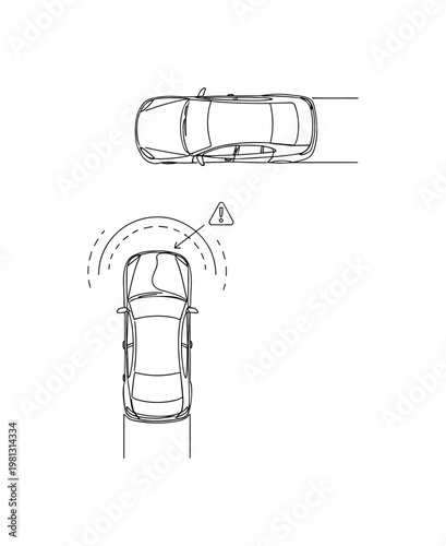 "Lane Awareness Technology". Minimalistic one-line drawing top view of two cars with marked blind zone and alert indicator, continuous single black line on