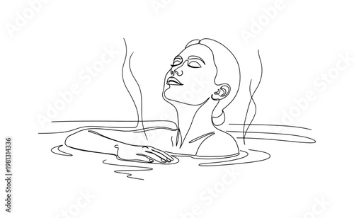 "Self-Care Moment". Minimalistic one-line drawing person enjoying warm water with relaxed posture and subtle steam or motion lines, continuous single black