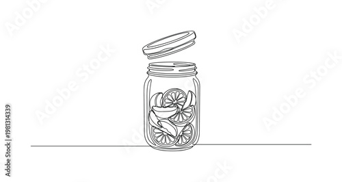 "Fruit Canning". Minimalistic one-line drawing glass jar being filled with sliced fruit and lid above, continuous single black line on white background, simple
