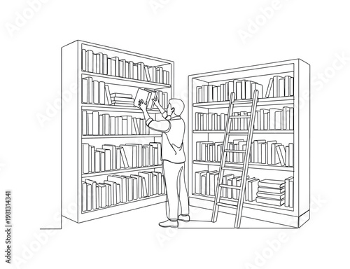 "Home Library Setup". Minimalistic one-line drawing person arranging books on shelves with ladder nearby, continuous single black line on white background,