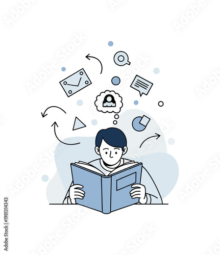 Reading imagination. A person reads a book while soft shapes and story elements float upward around them. Gentle curves and dots emphasize immersion and