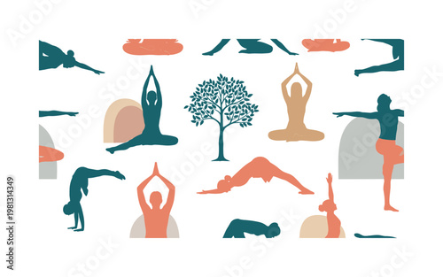 Yoga poses silhouette pattern, seamless pattern, repeating pattern, surface design, textile print, soft color palette, modern illustration, no shadows, flat