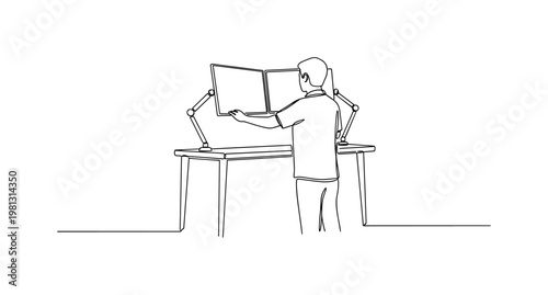 "Workspace Expansion". Minimalistic one-line drawing person adjusting dual screens on a desk with simple stand arms, continuous single black line on white