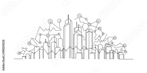 "Smart City Analytics". Minimalistic one-line drawing buildings with overlay of graphs and nodes indicating data flow, continuous single black line on white