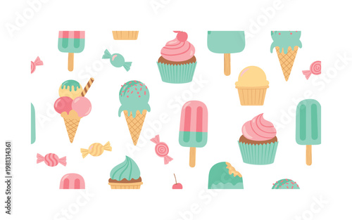 Ice cream and sweets pattern, seamless pattern, repeating pattern, surface design, textile print, soft color palette, modern illustration, no shadows, flat