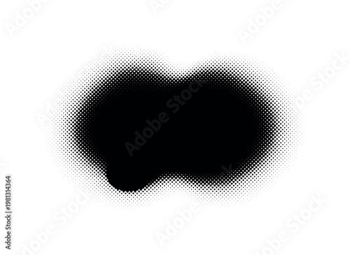 A fluid black ink blot spreading organically across a surface, abstract and centered, minimal composition, black and white halftone illustration, visible dot