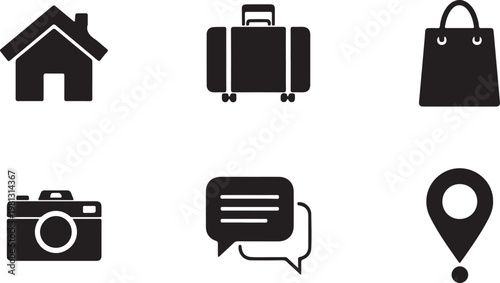 Collection of icons representing various travel and communication essentials. Art & Illustration