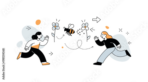 Pollination process. A bee moves between two simple flowers, with a thin dotted line showing the path and small pollen particles trailing behind. Minimal