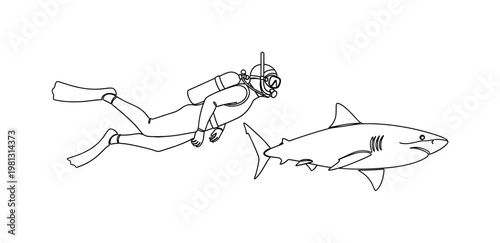 "Shark Diving Adventure". Minimalistic one-line drawing diver in wetsuit with scuba gear swimming near shark silhouette, continuous single black line on white