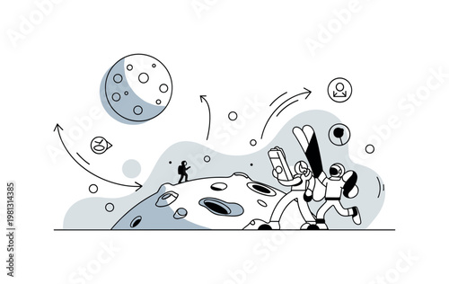 Futuristic planetary scene. A stylized exoplanet surface features unique shapes and a large celestial body overhead, with a small explorer silhouette. Gentle